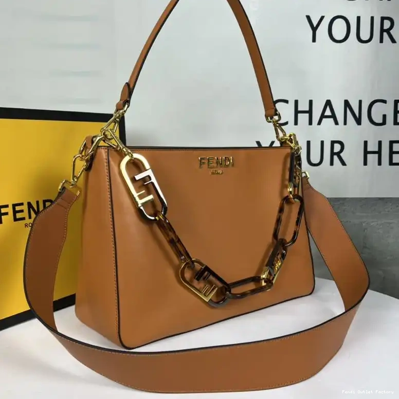 Affordable HOT Fendi In Zip O'Lock Bag Brown Calf Leather Shoulder 0526